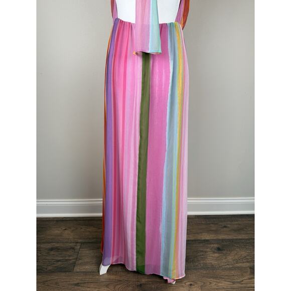 MNG by Mango Rainbow Striped Halter Maxi Dress Tie V-neck Sz 6 - Picture 6 of 11